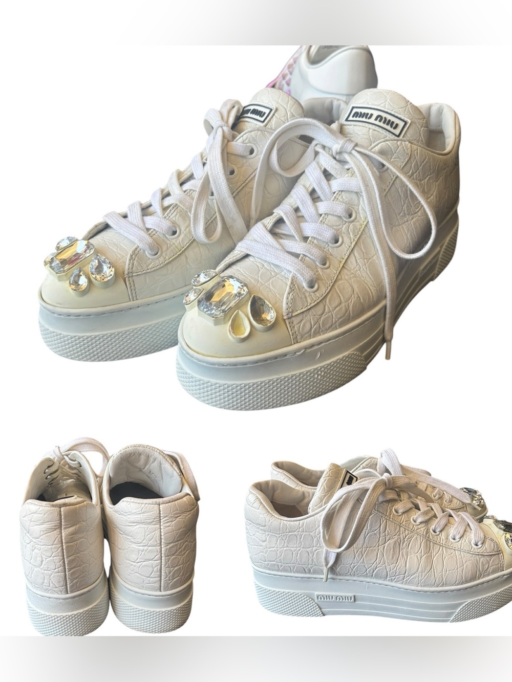 Miu Miu Croc Embossed Embellished Platform Sneakers
